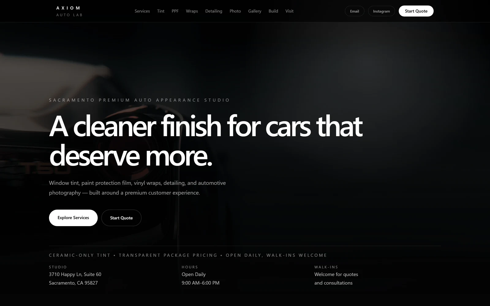 Axiom Auto Lab homepage as it renders on a desktop browser, captured from the live site