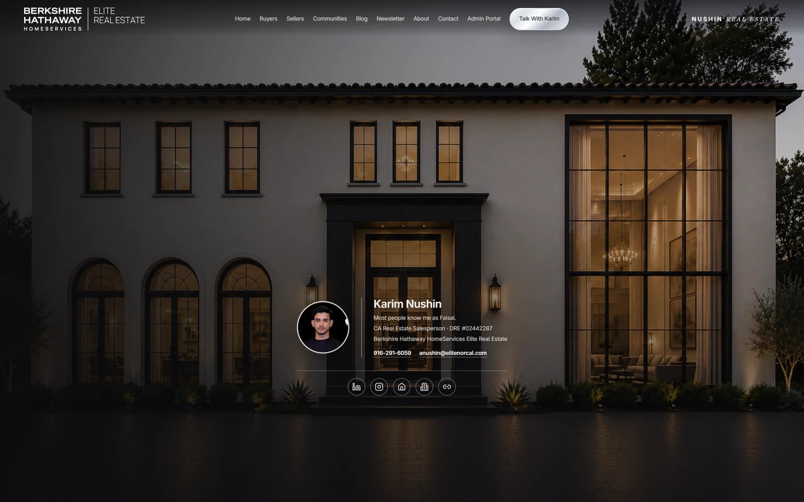 Nushin Real Estate homepage as it renders on a desktop browser, captured from the live site